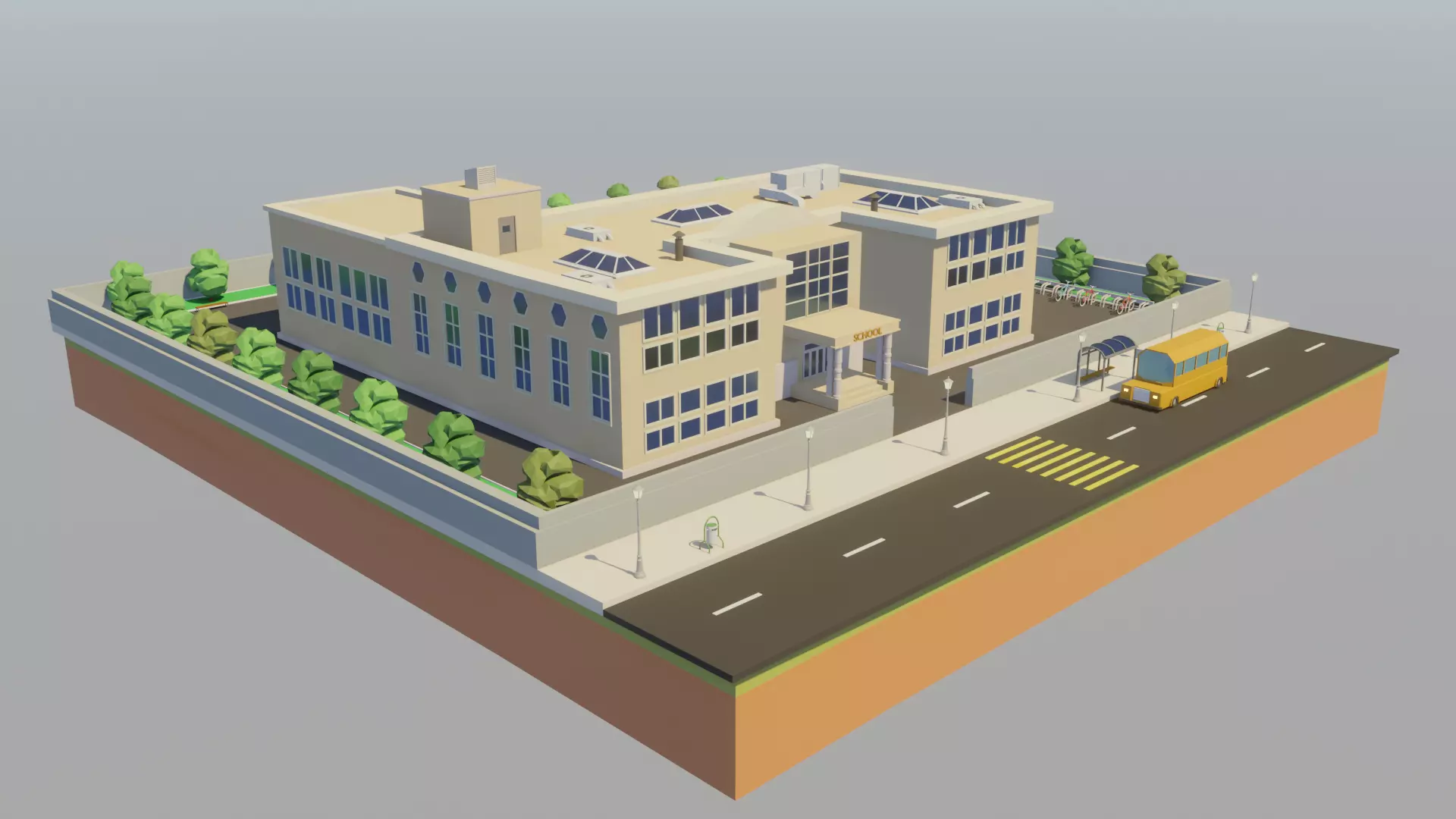Low poly School building with soccer field Low-poly 3D model_0