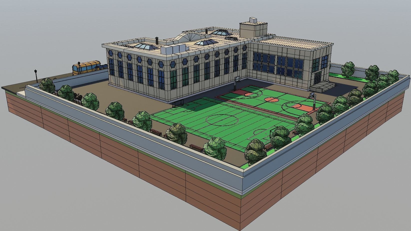 Low poly School building with soccer field Low-poly 3D model_8