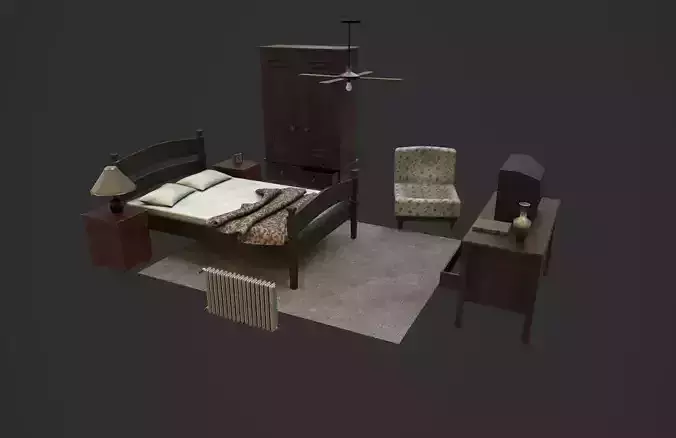 Old Bedroom furniture Low-poly 3D model