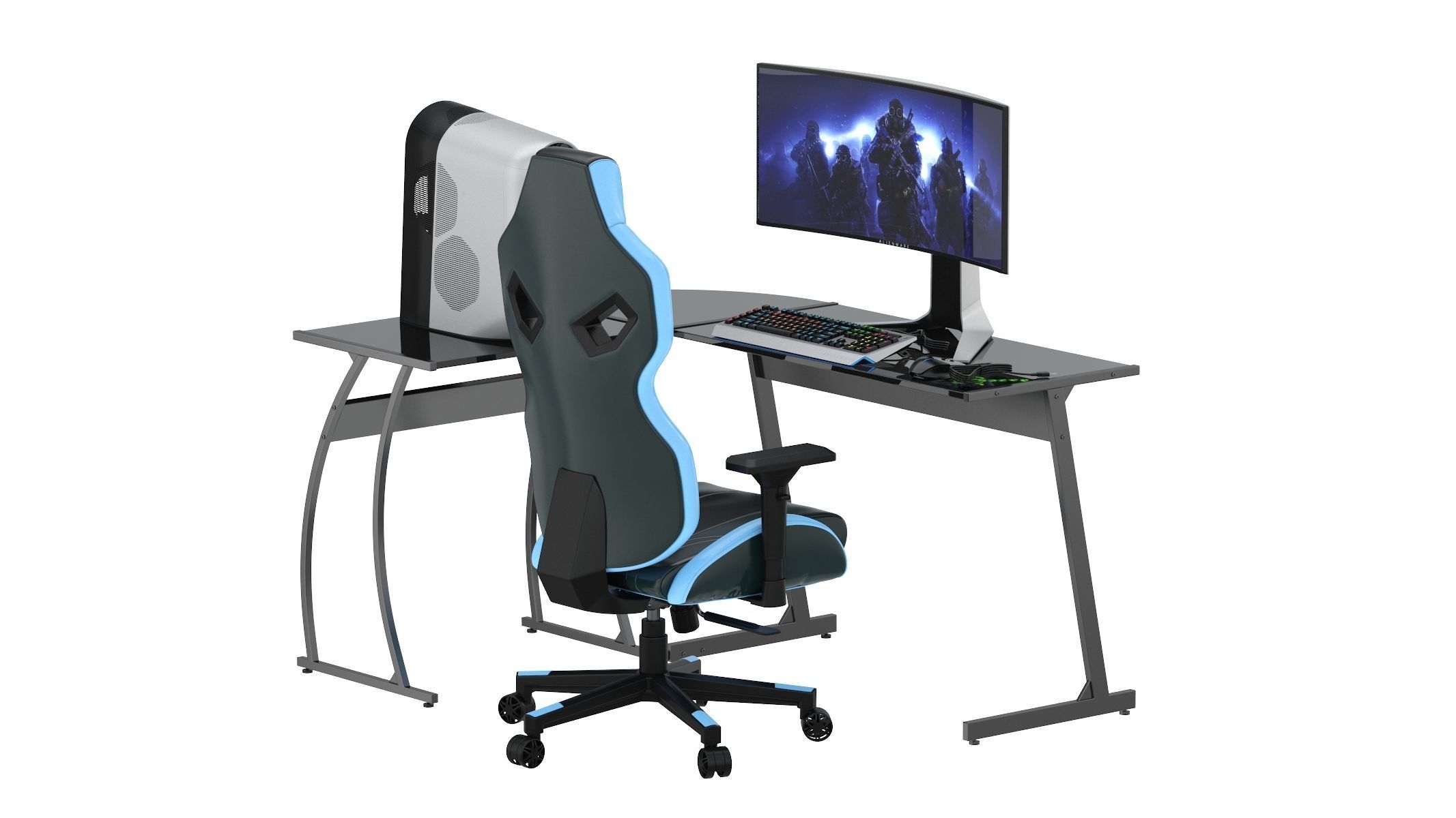 Gaming Set desk with chair and monitor 3D model_3