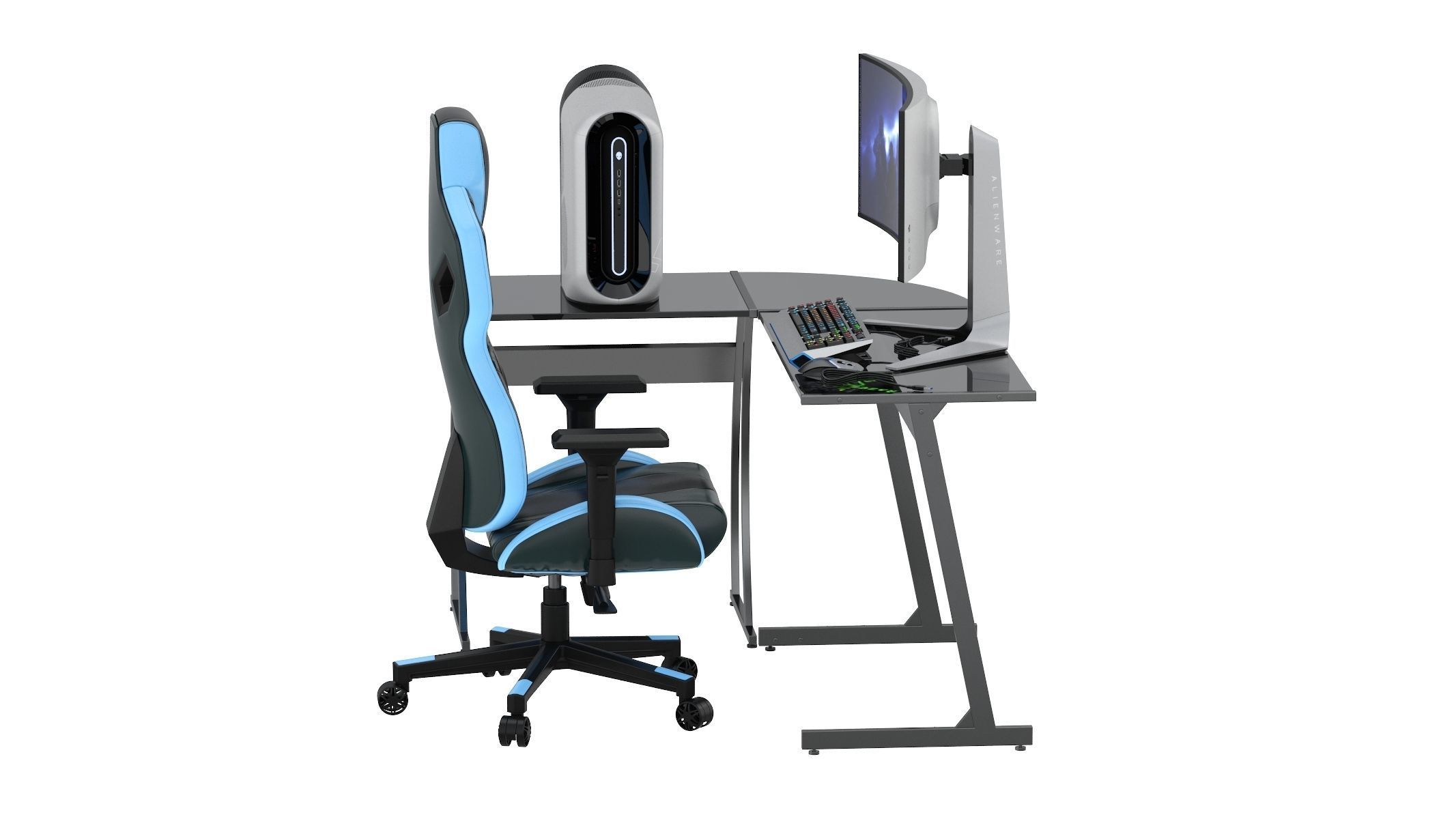 Gaming Set desk with chair and monitor 3D model_2