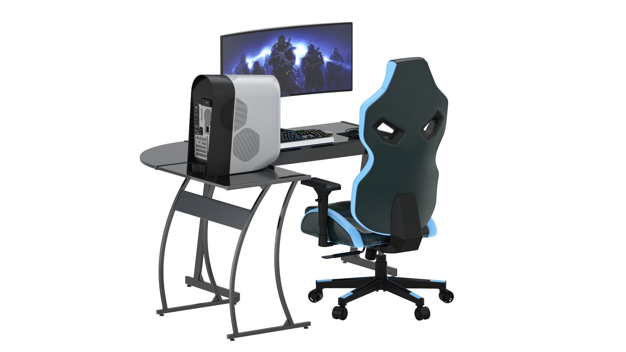 Gaming Set desk with chair and monitor 3D model_6