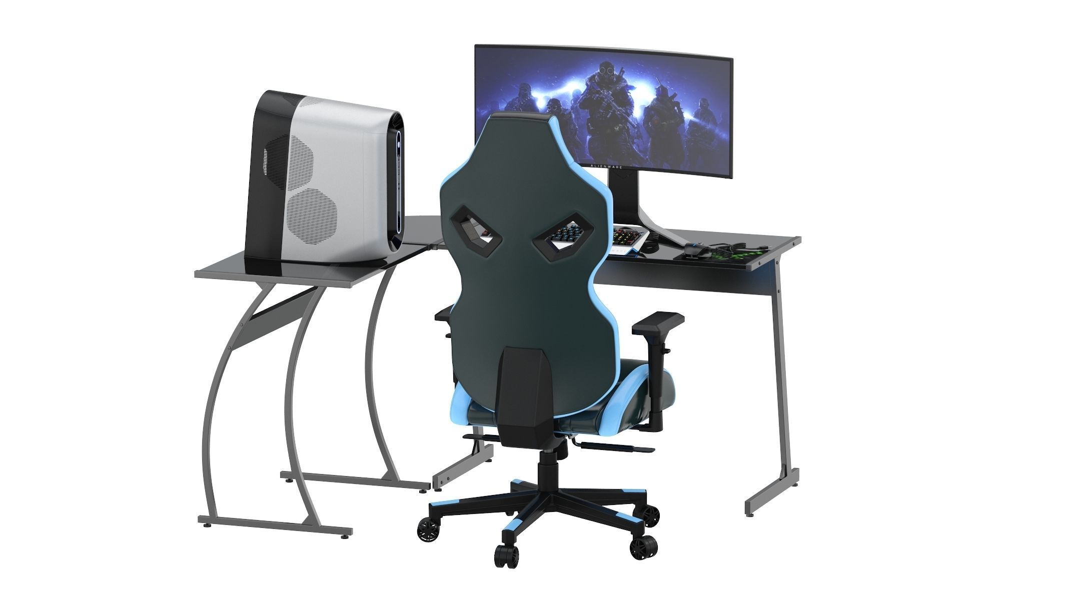 Gaming Set desk with chair and monitor 3D model_4