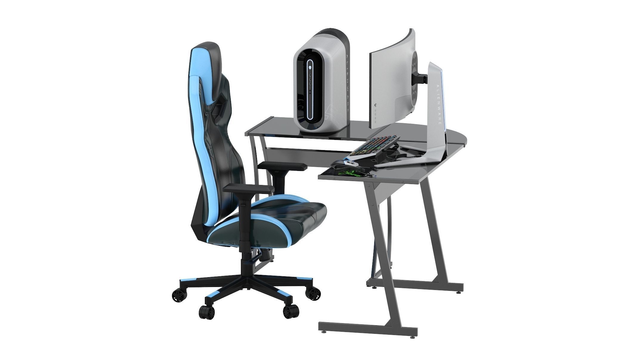 Gaming Set desk with chair and monitor 3D model_1
