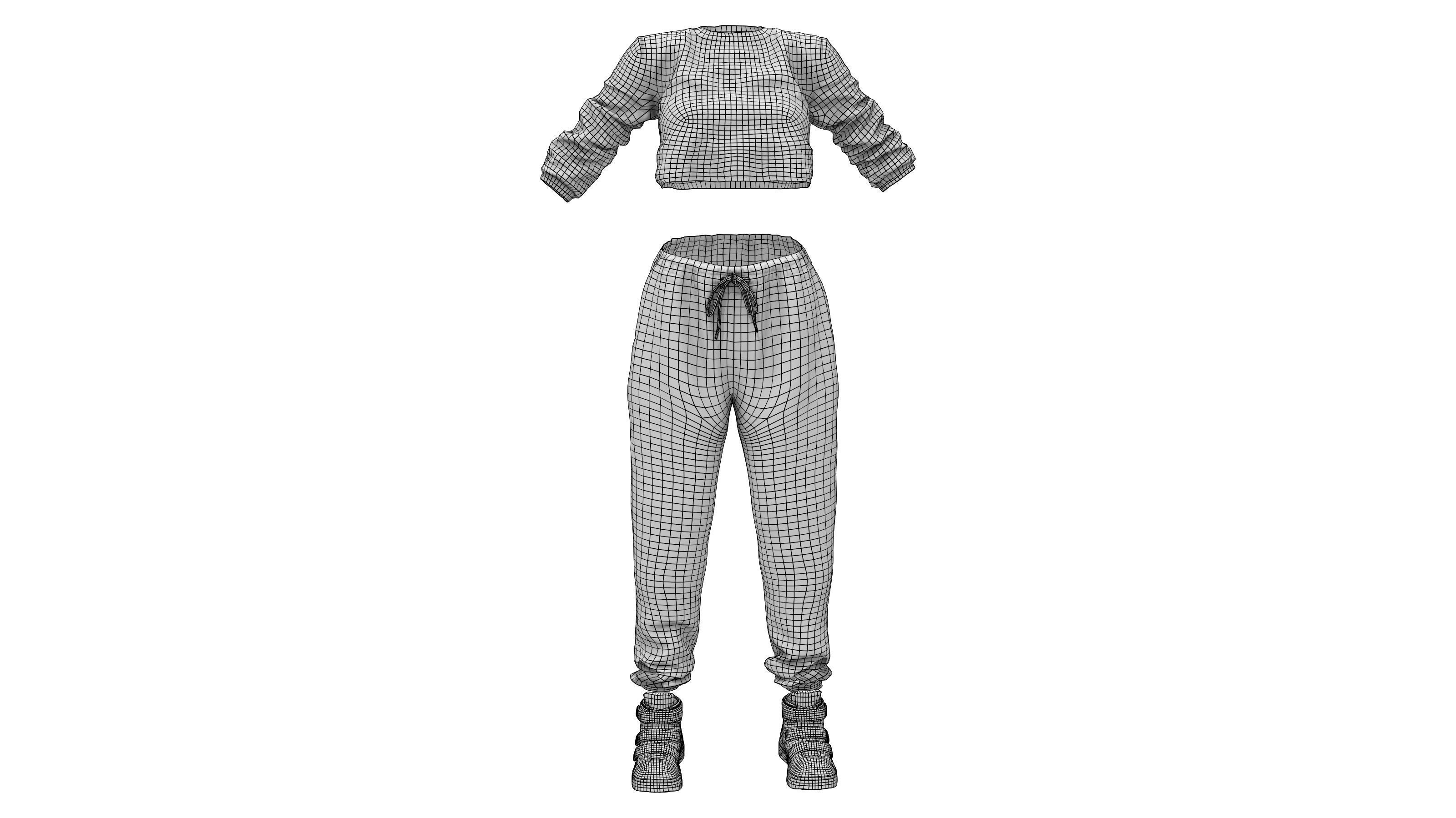 Female Hiphop Basketball Style Outfit Top Pants Shoes Low-poly 3D model_7