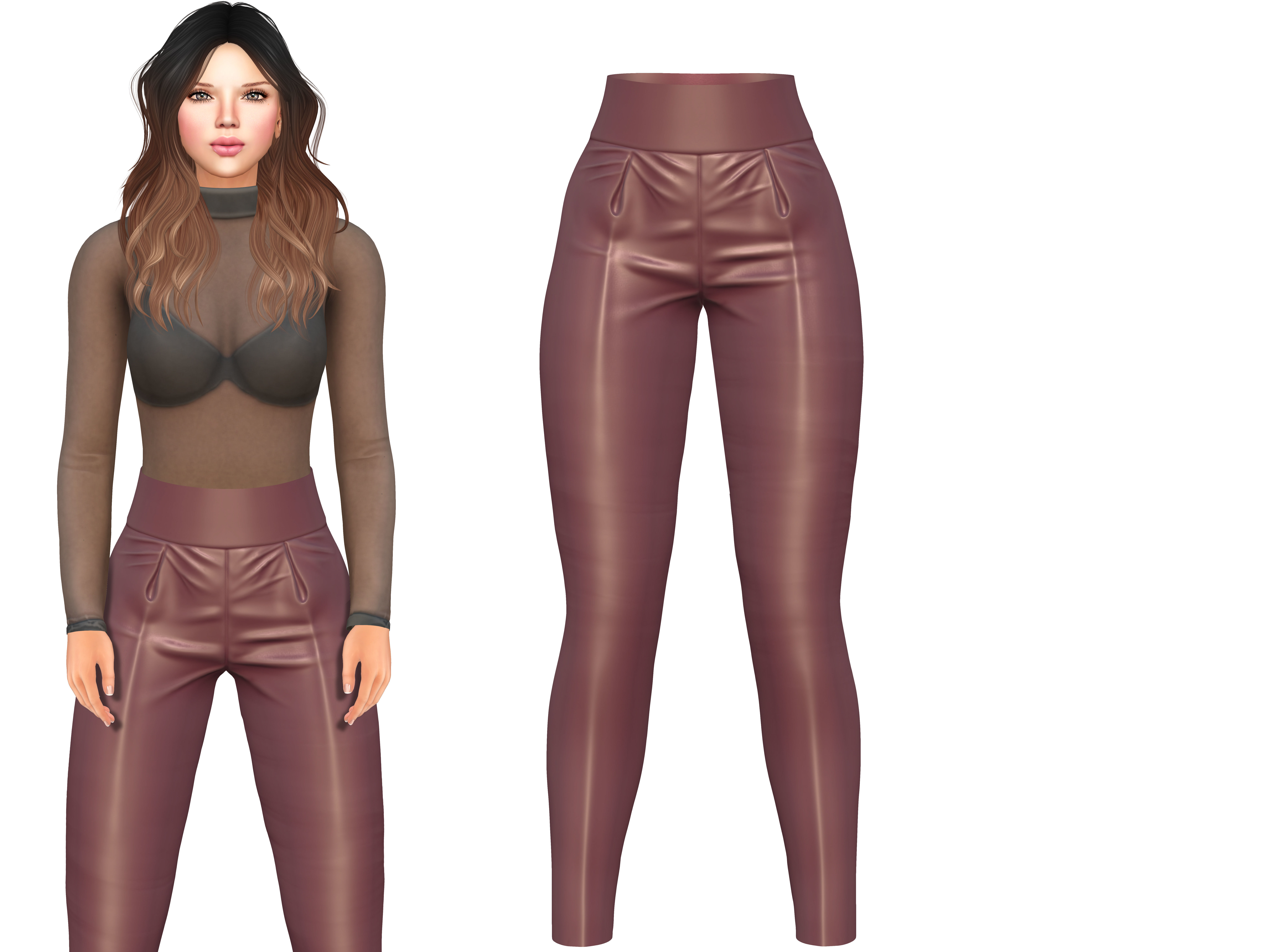 See Through Body Effect Sheer Top and Maroon Shiny Leather Pants Low-poly 3D model_5