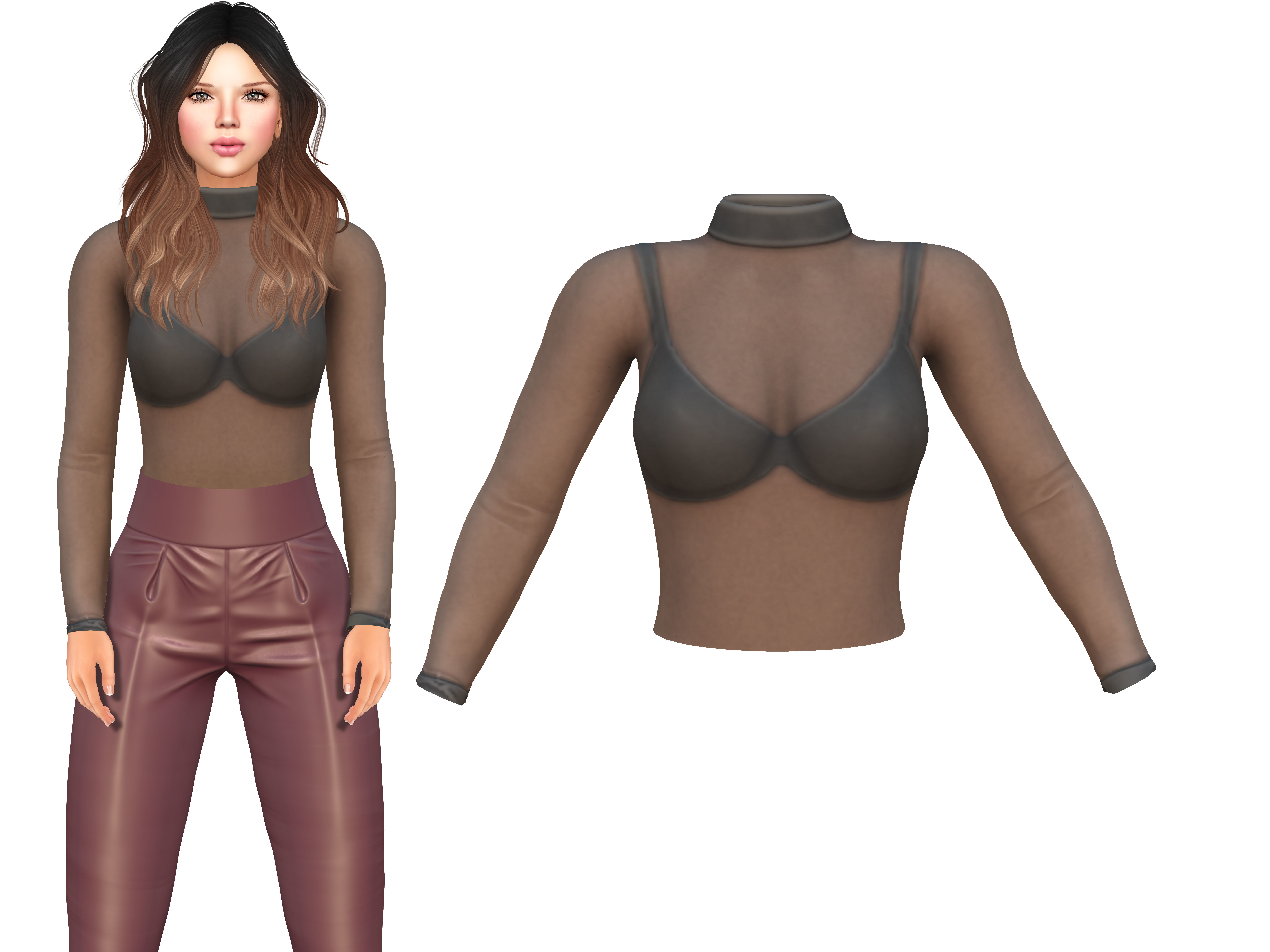 See Through Body Effect Sheer Top and Maroon Shiny Leather Pants Low-poly 3D model_2