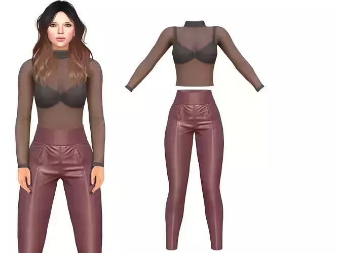 See Through Body Effect Sheer Top and Maroon Shiny Leather Pants