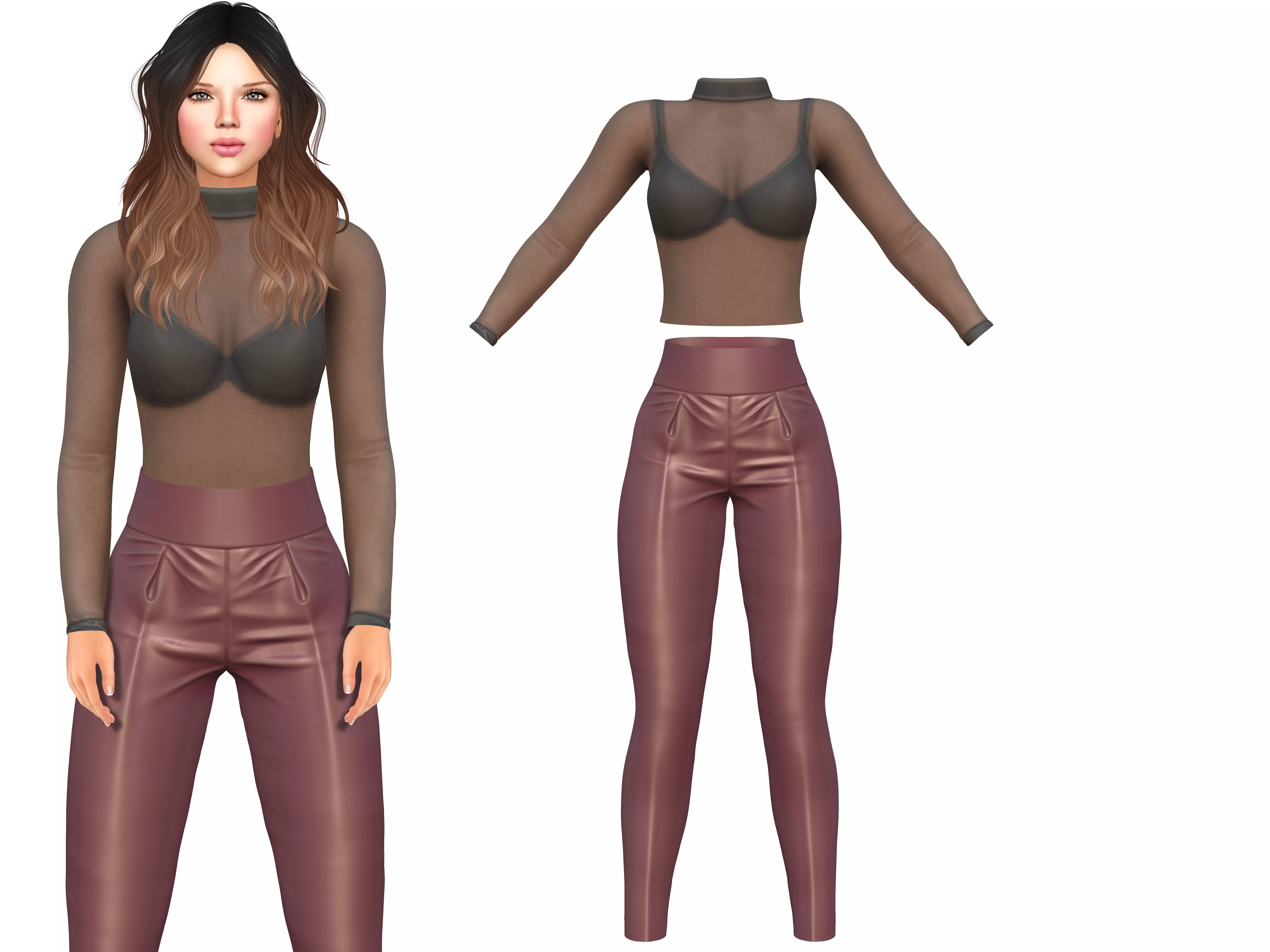 See Through Body Effect Sheer Top and Maroon Shiny Leather Pants Low-poly 3D model_0