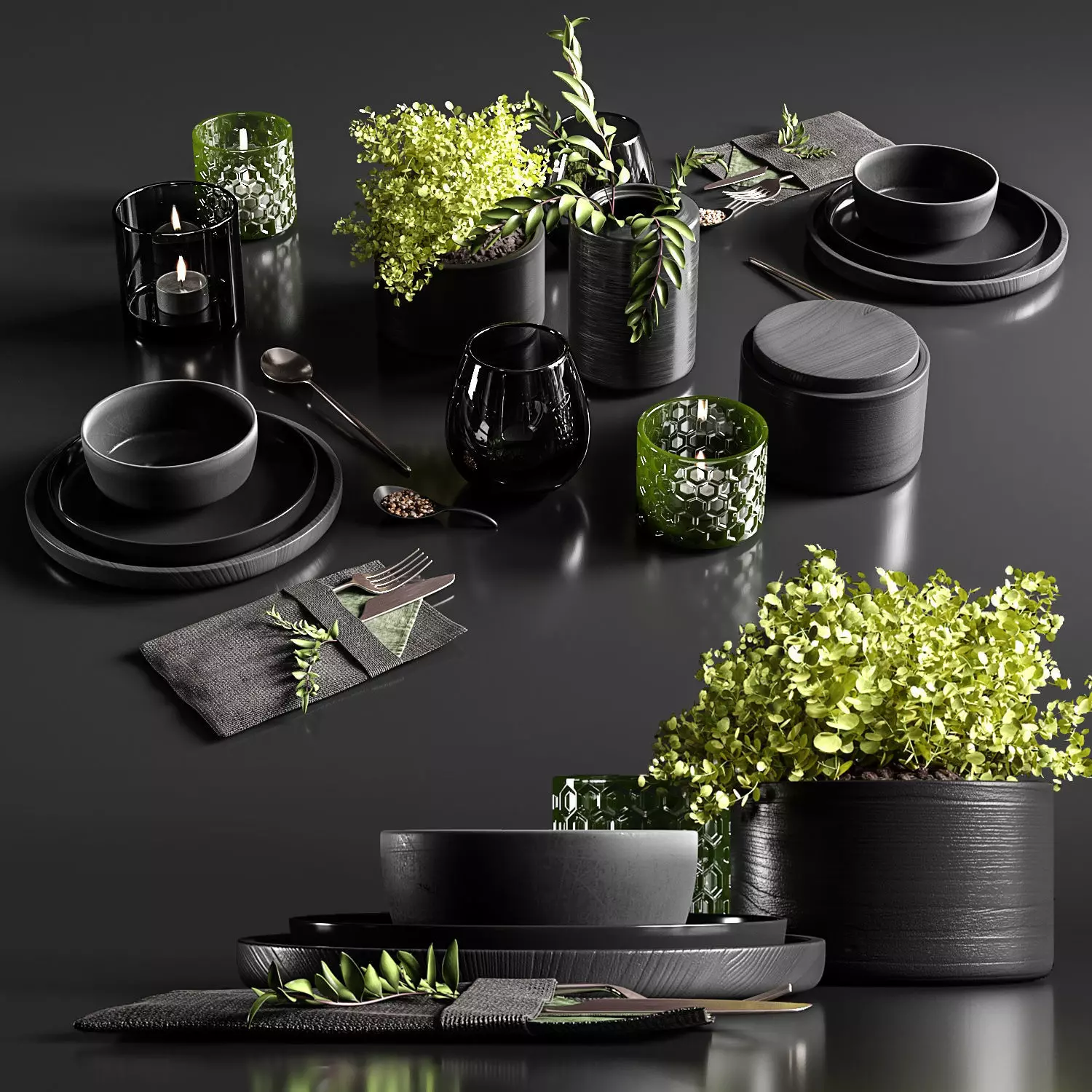 Table setting in black colors 3D model_0