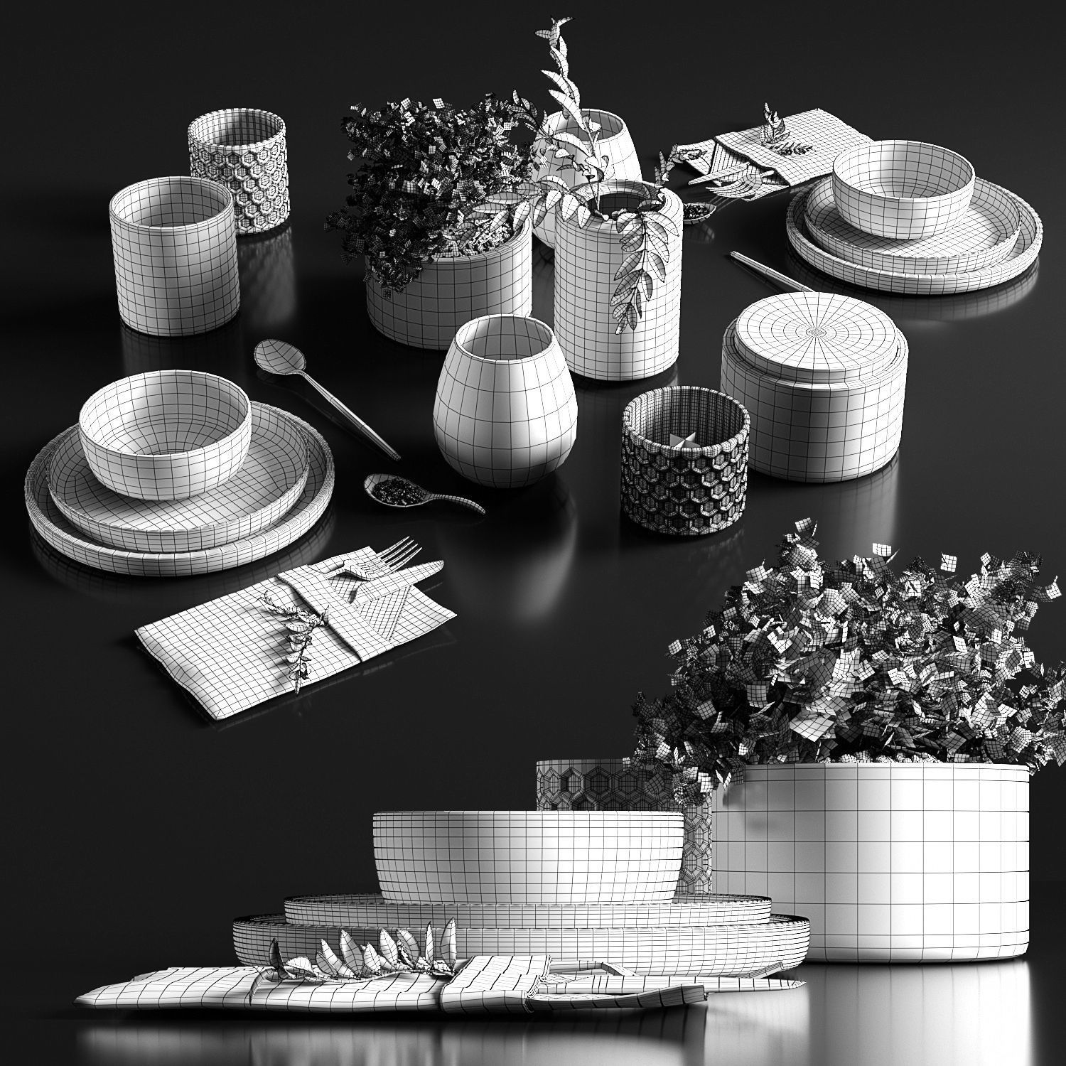 Table setting in black colors 3D model_7