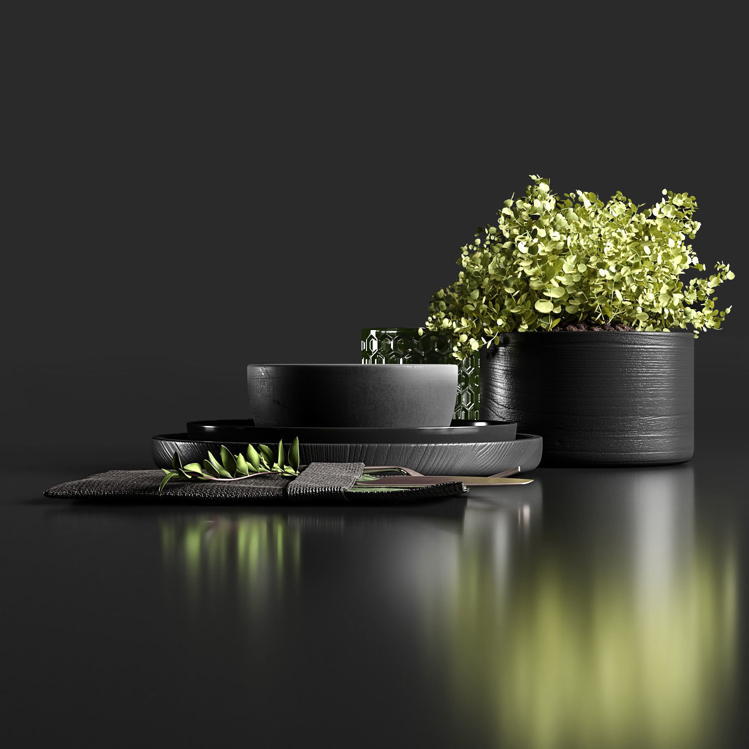 Table setting in black colors 3D model_2