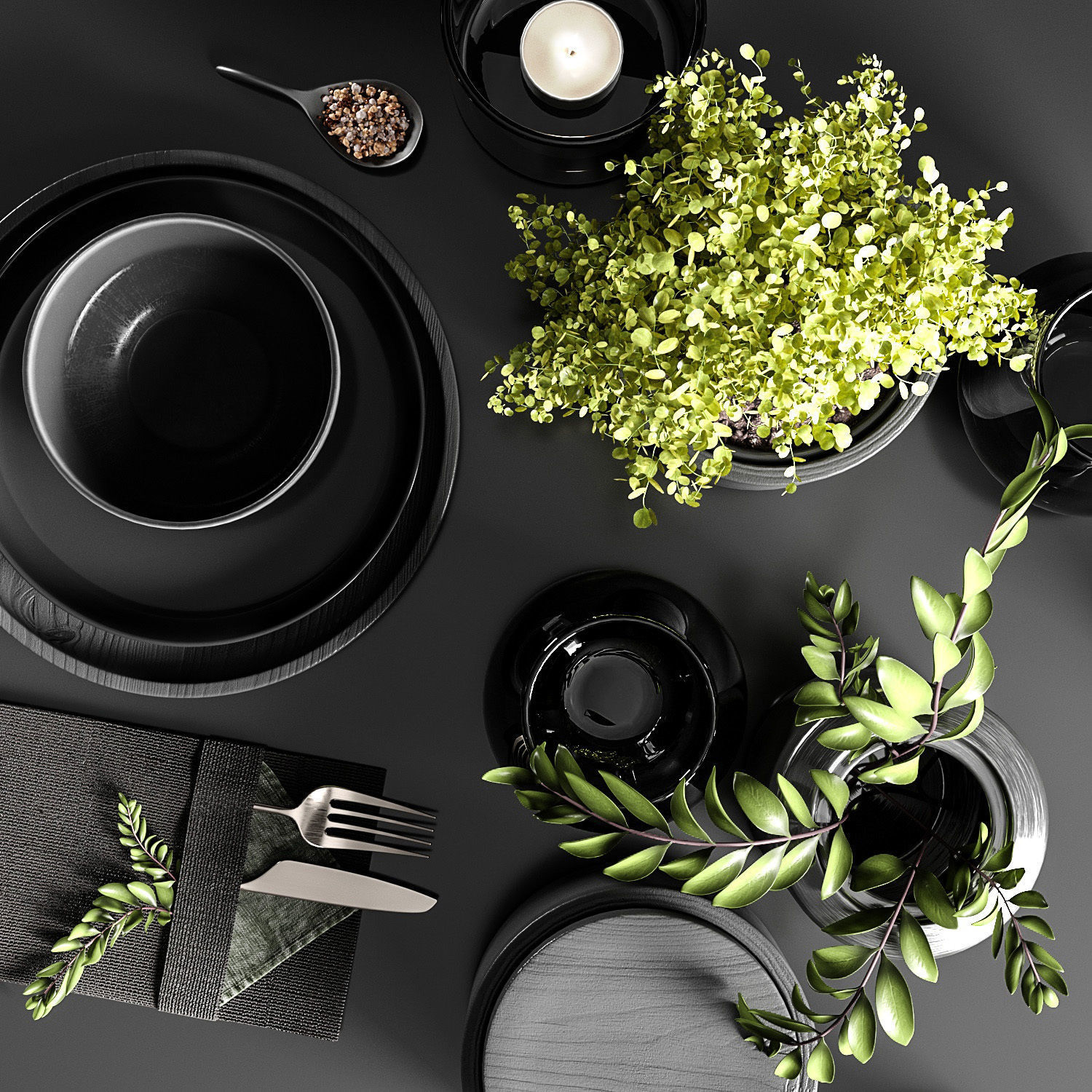 Table setting in black colors 3D model_3