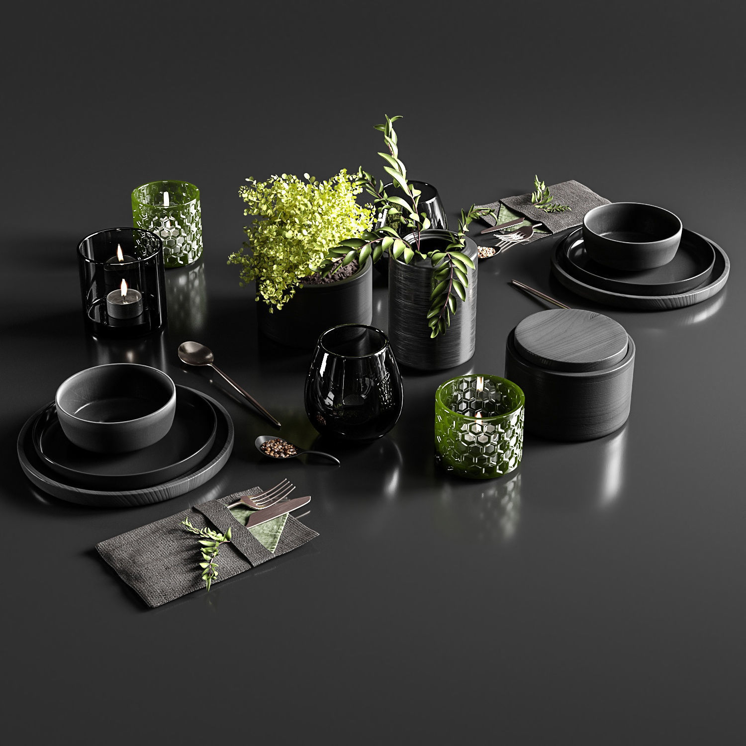 Table setting in black colors 3D model_1