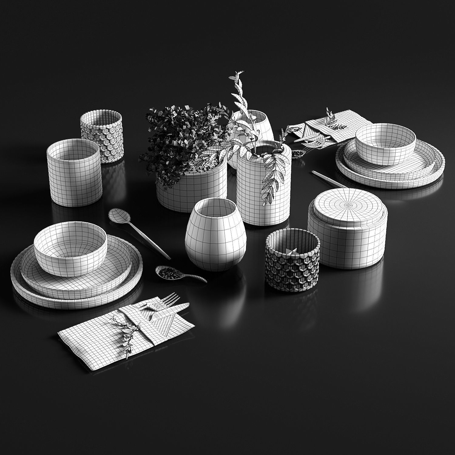 Table setting in black colors 3D model_5