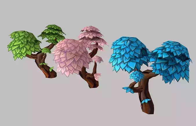 Low poly hand painted stylized cartoon style tree set  