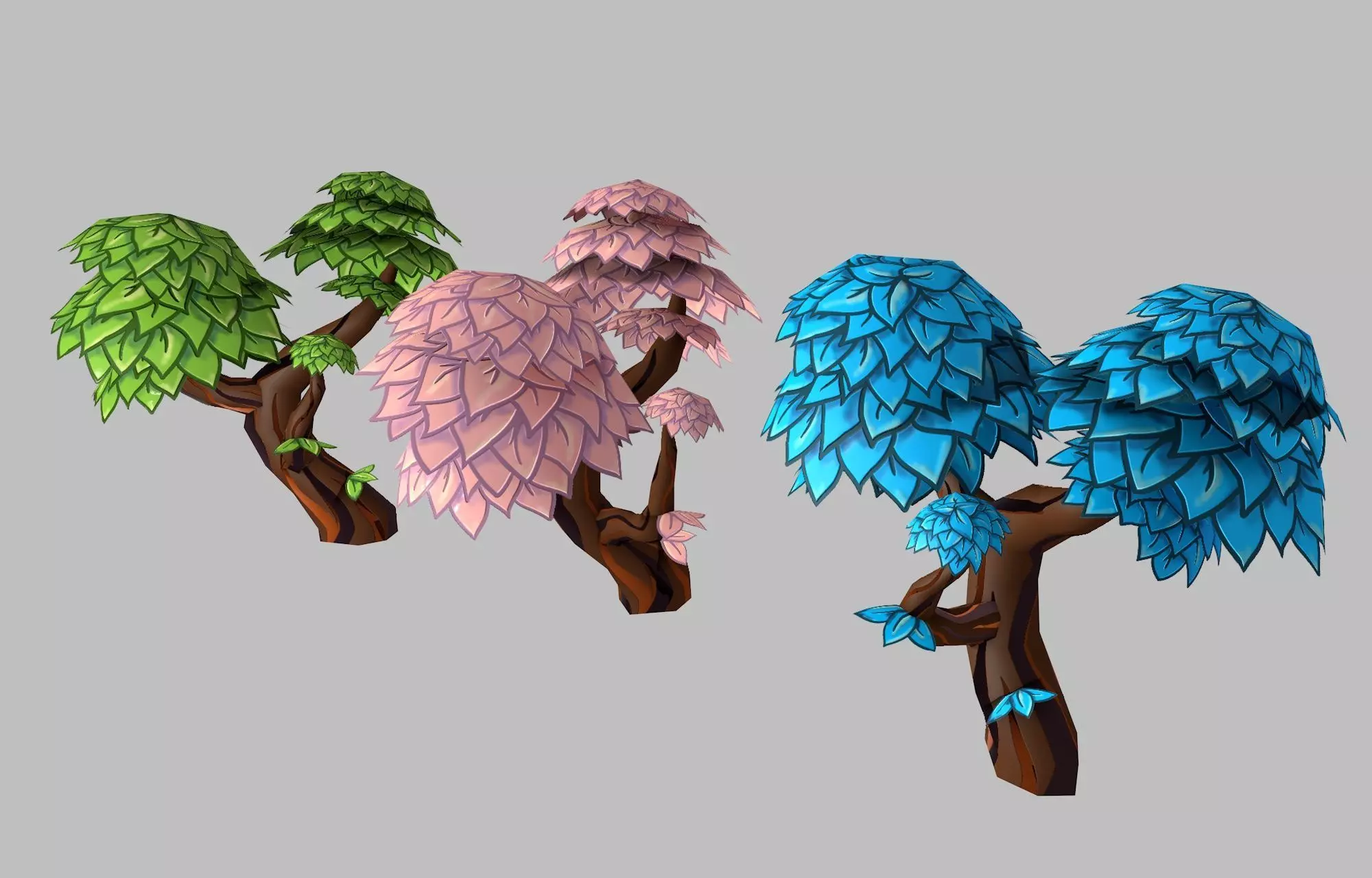3D model Low poly hand painted stylized cartoon style tree set VR / AR ...
