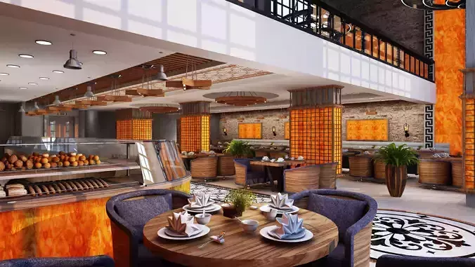 Restaurant interior of with tables and chairs