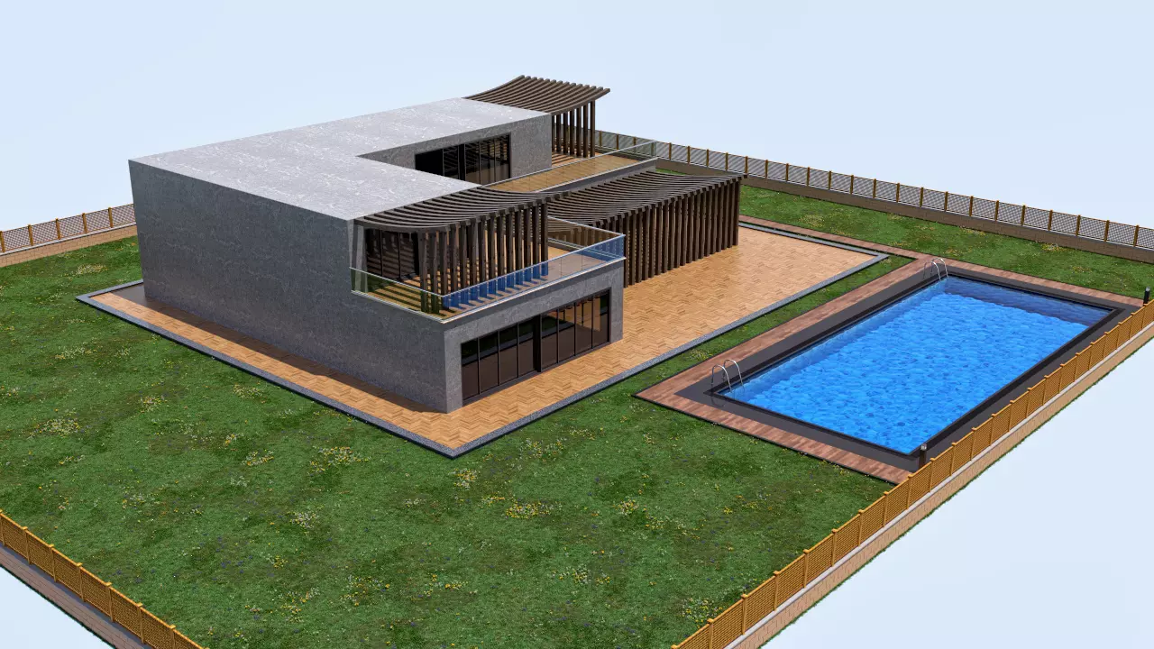 House with pool 3D model_0