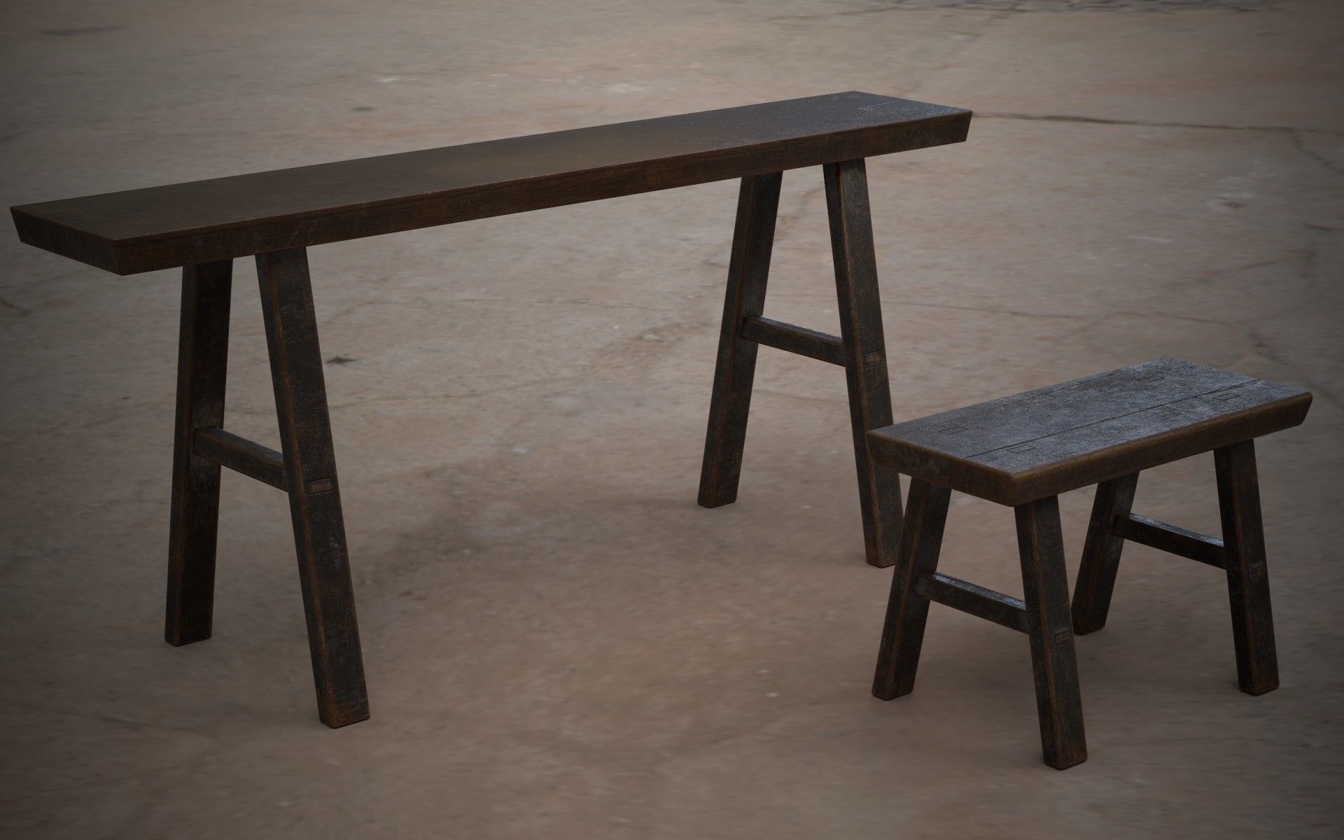 old furniture desk chir stool Low-poly 3D model_10