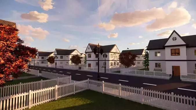3D Neighborhood Model residential street with houses and fences 3D model