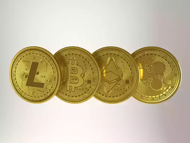 Crypto coin SET - bitcoin - ethereum - ripple - litecoin Low-poly 3D model