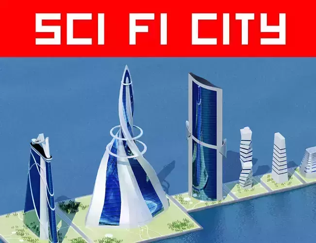 Sci-Fi City building set pack bundle Low-poly 3D model