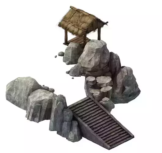 Game Model - prairie scene - stairs huts 01