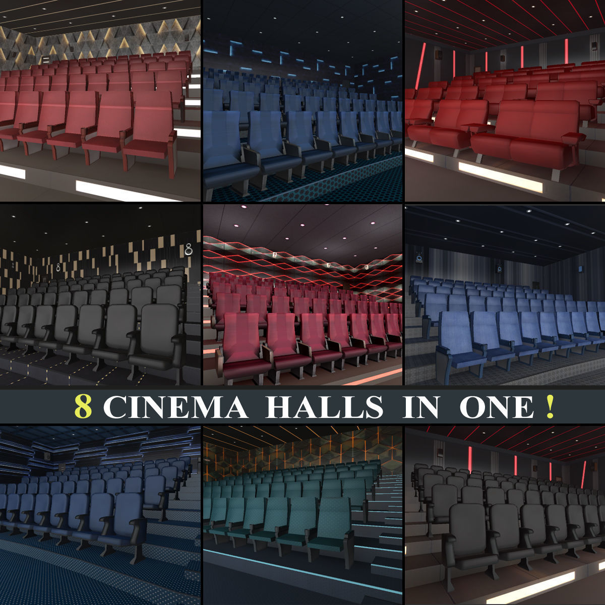 Modern Cinema Halls - 8 Scenes Low-poly 3D model_1