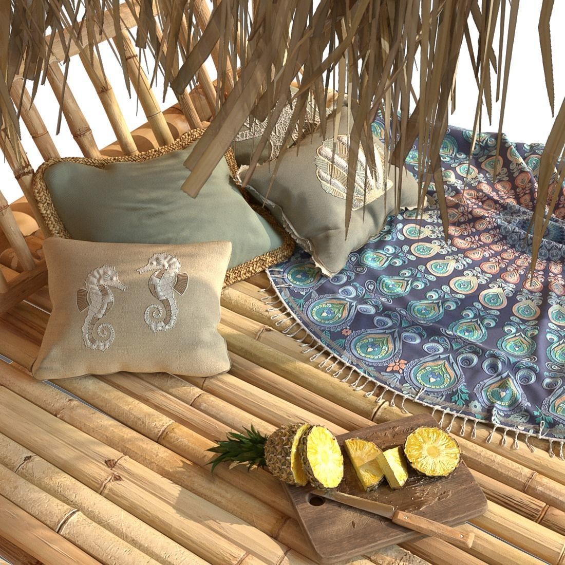 Bamboo Beach Bed Hut 3D model_2