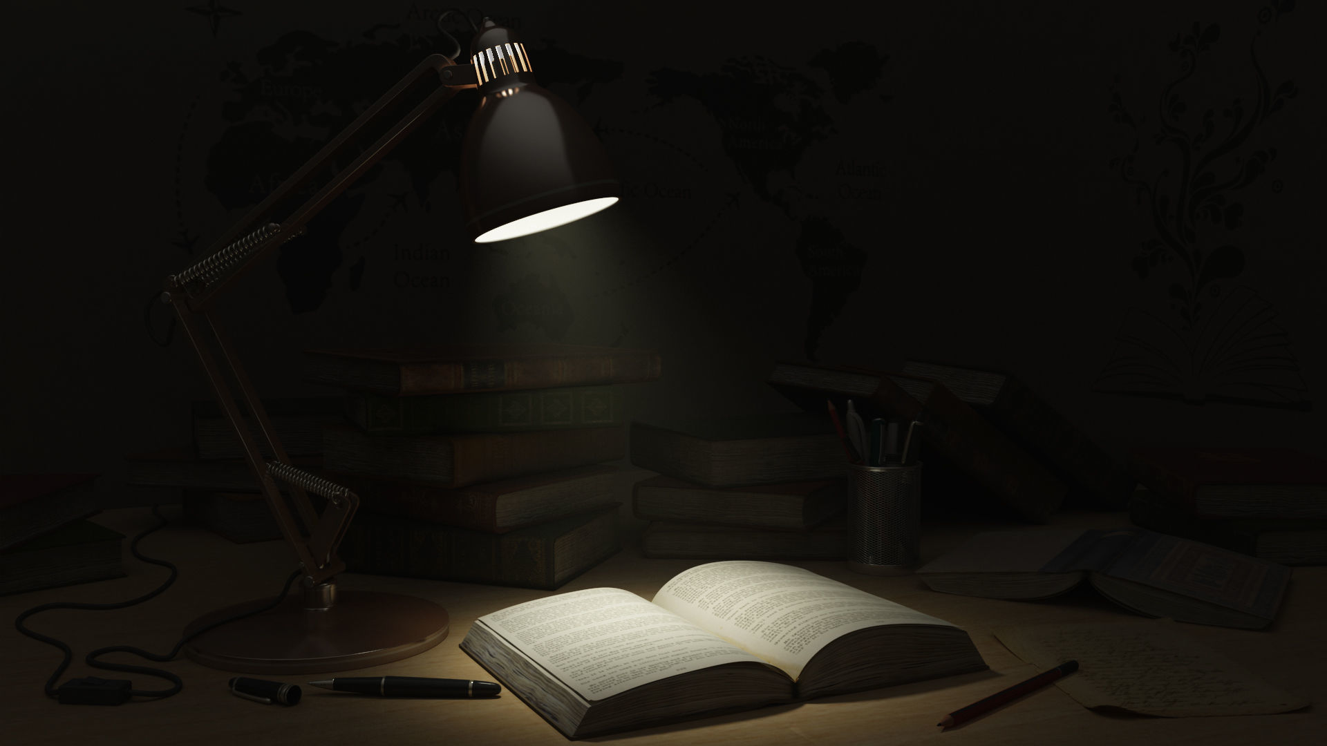Study Table Lamp with Books and Pen Holder 3D model_2