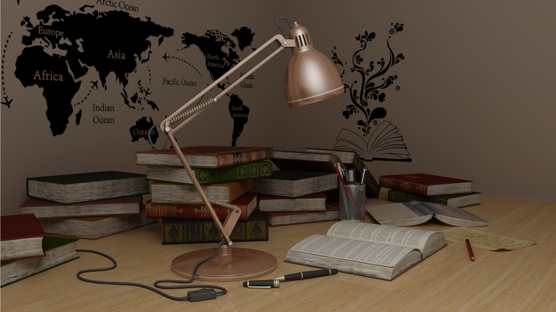 Study Table Lamp with Books and Pen Holder 3D model_3