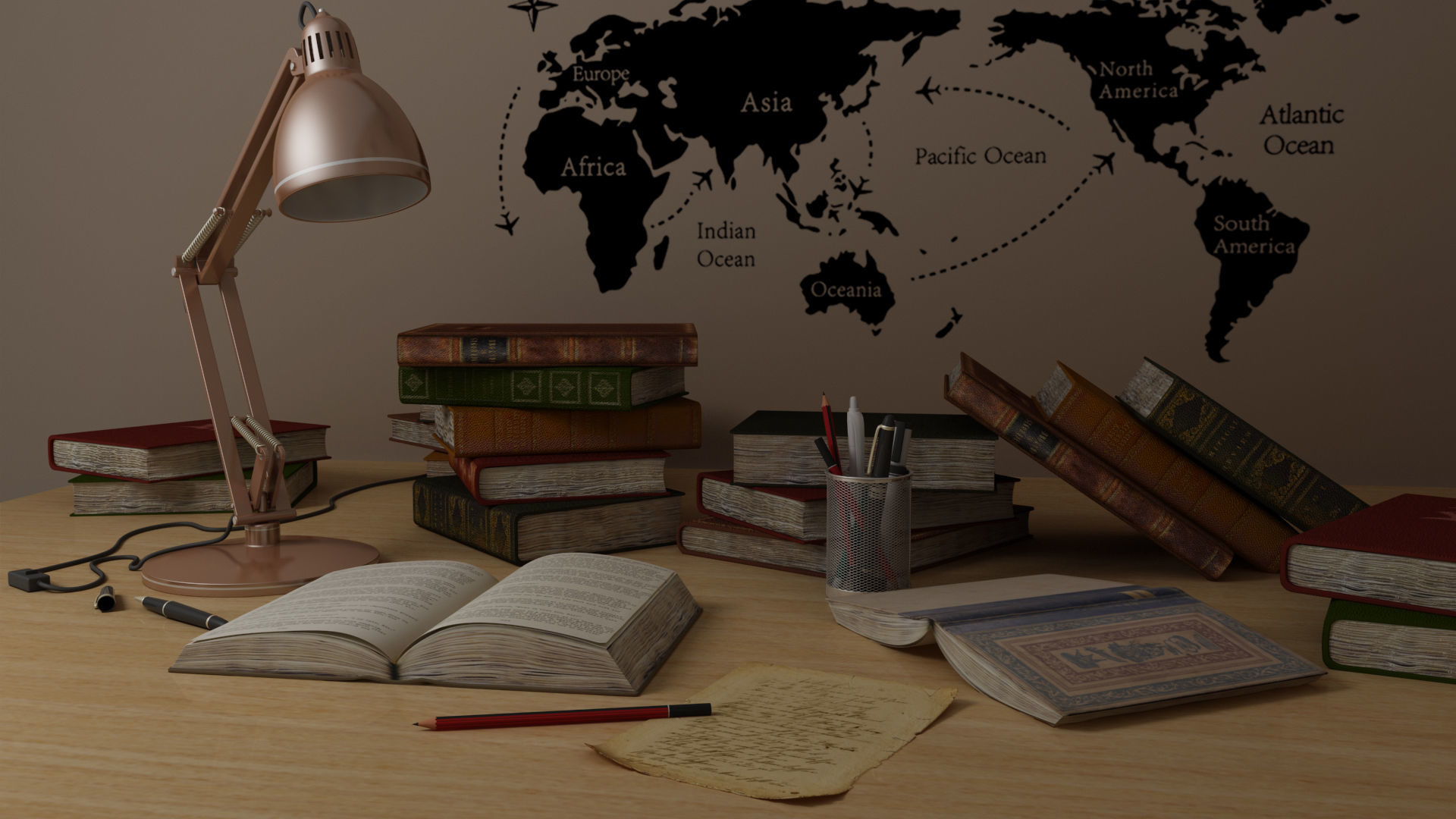 Study Table Lamp with Books and Pen Holder 3D model_4