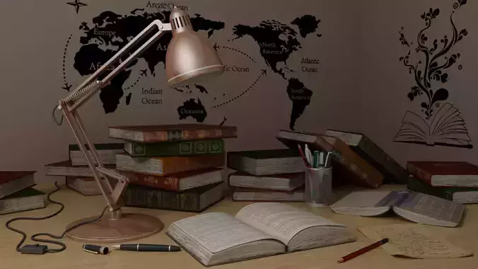 Study Table Lamp with Books and Pen Holder