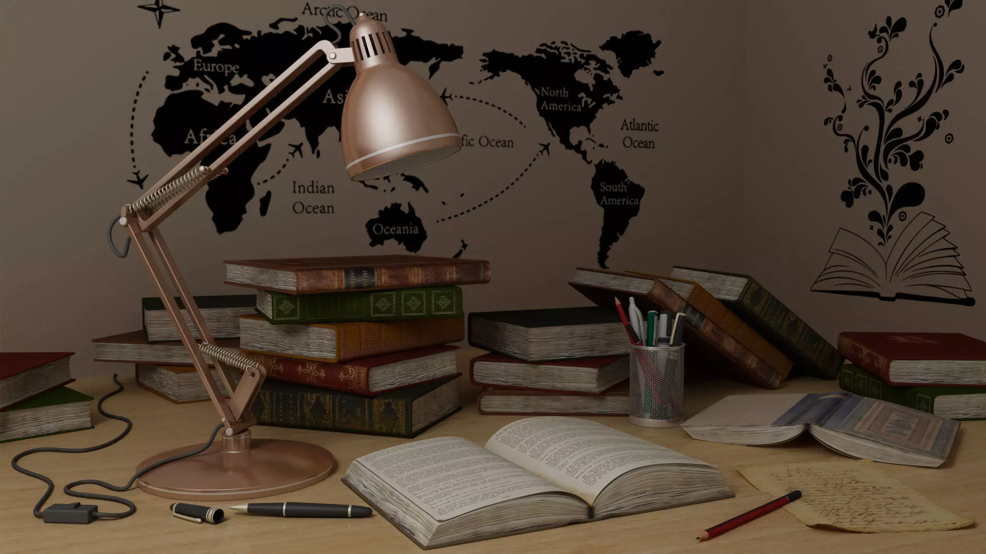 Study Table Lamp with Books and Pen Holder 3D model_0