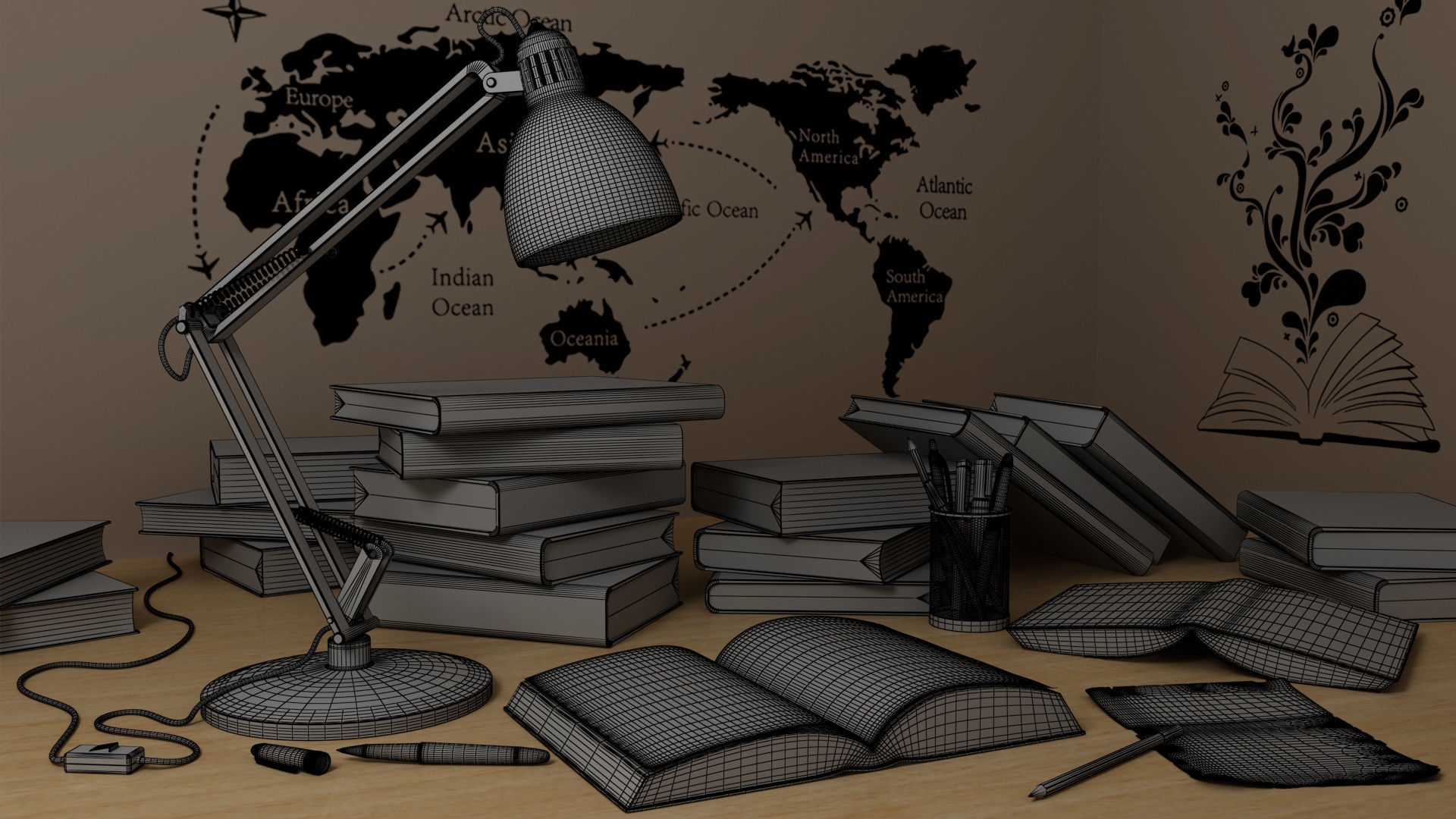 Study Table Lamp with Books and Pen Holder 3D model_1
