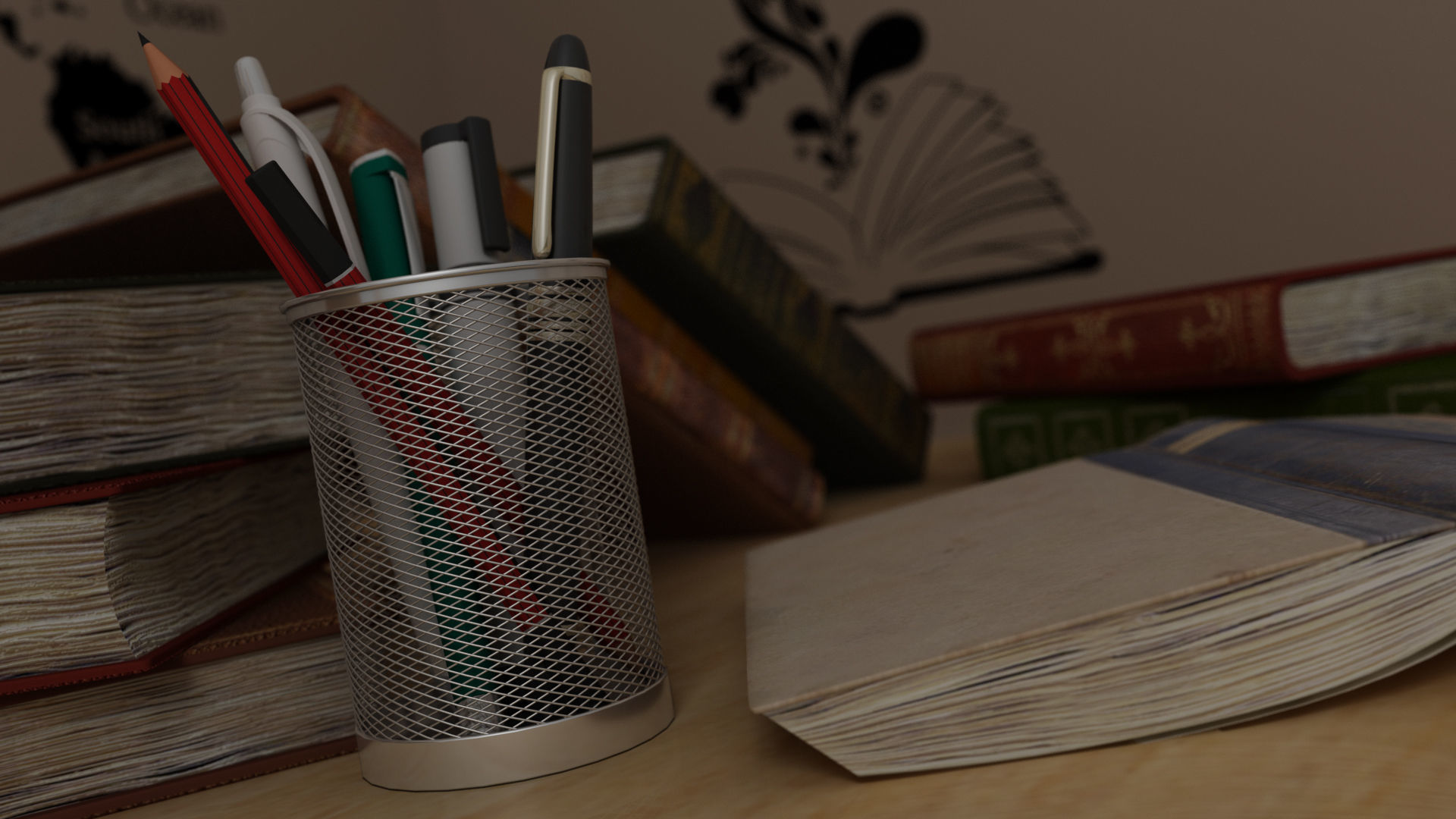 Study Table Lamp with Books and Pen Holder 3D model_11