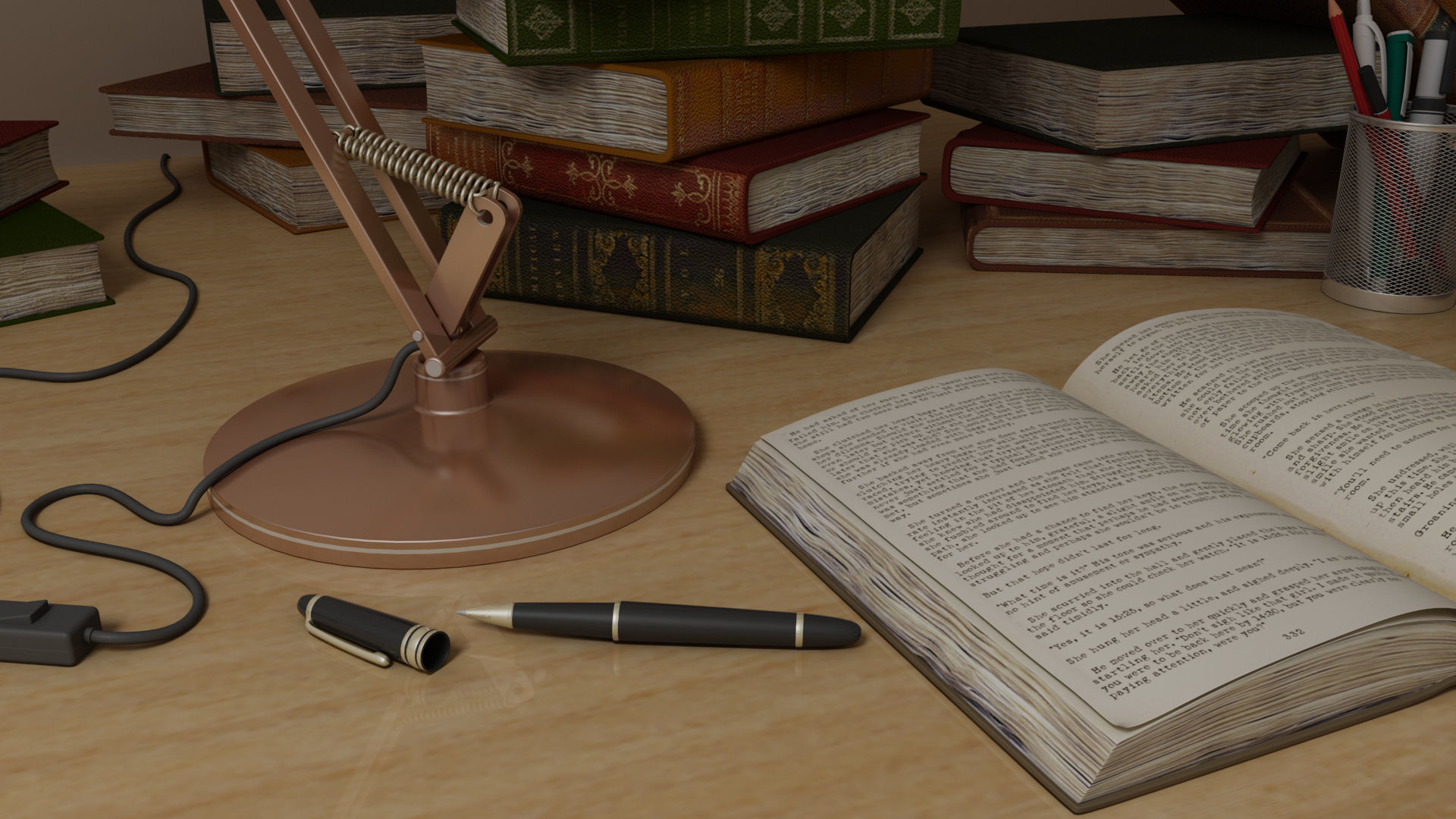 Study Table Lamp with Books and Pen Holder 3D model_8