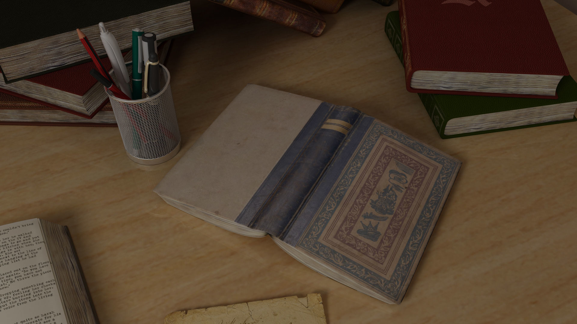 Study Table Lamp with Books and Pen Holder 3D model_6