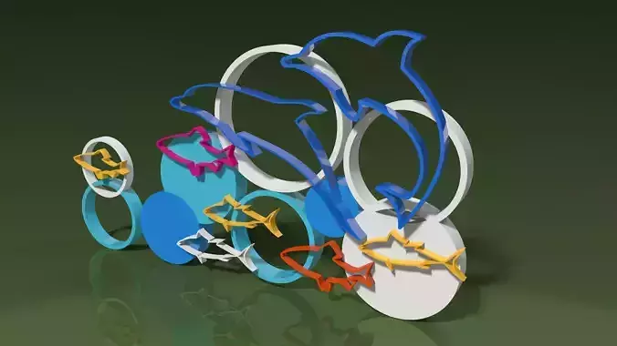 set design fish sculpture made of different colored rings