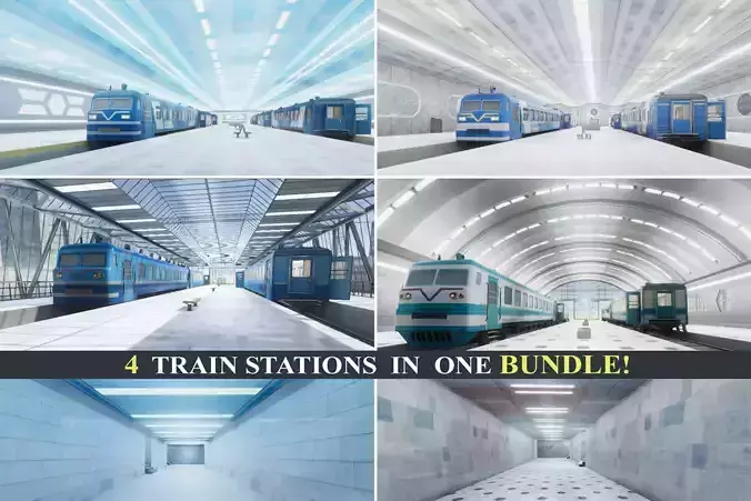 Trains Passenger and Train Stations Bundle - 4 Scenes Low-poly 3D model
