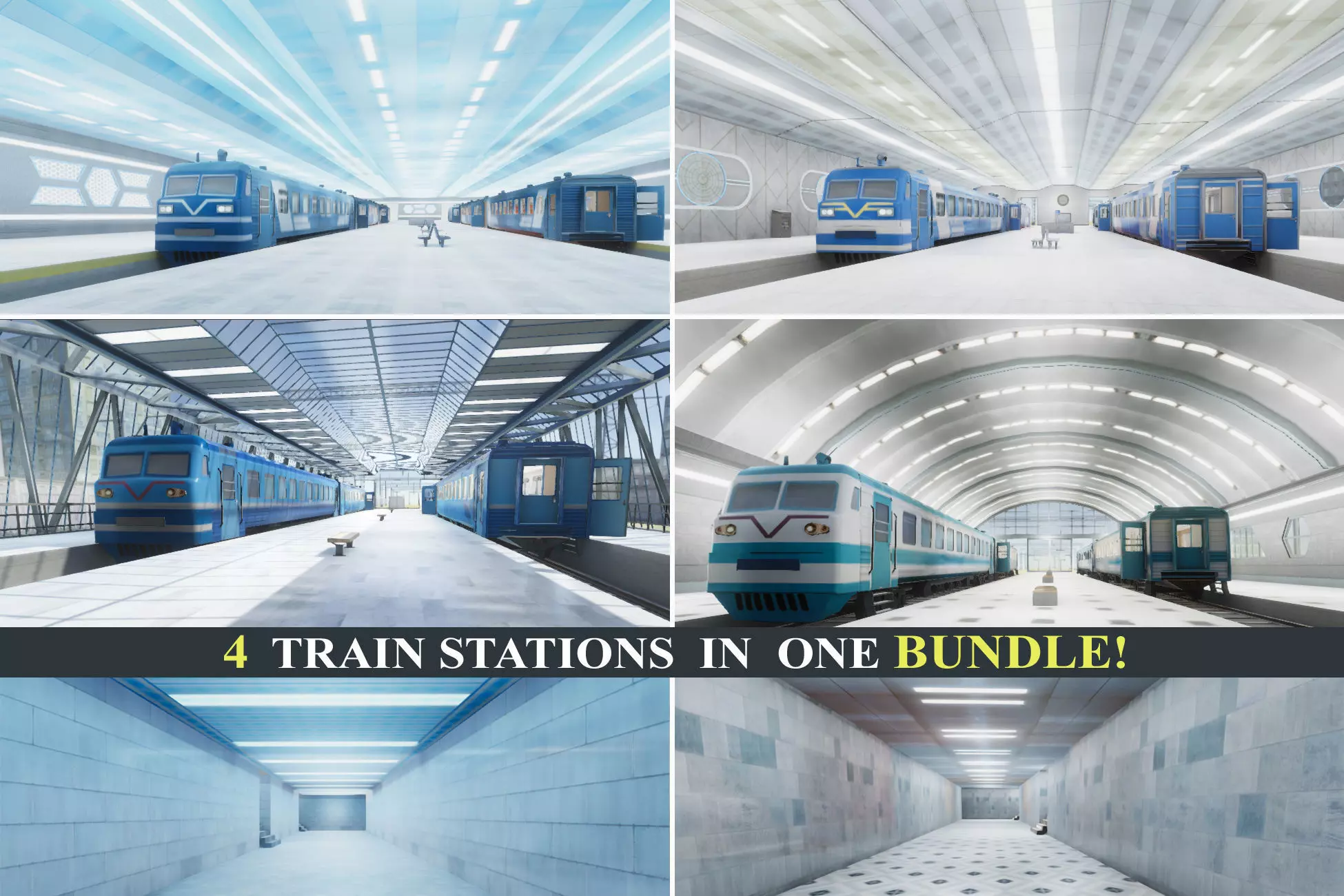 Trains Passenger and Train Stations Bundle - 4 Scenes Low-poly 3D model_0