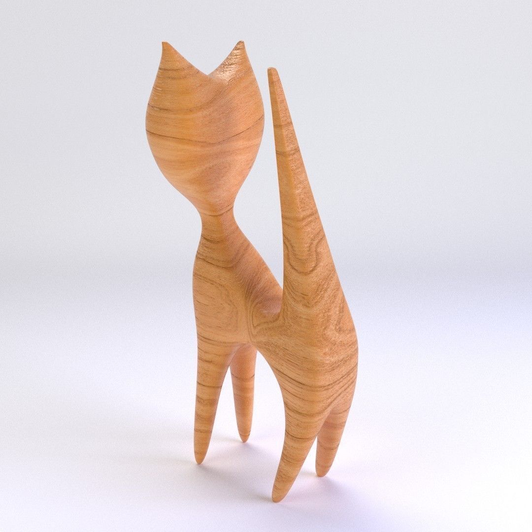 Wooden Cat Figurine 3D model_4
