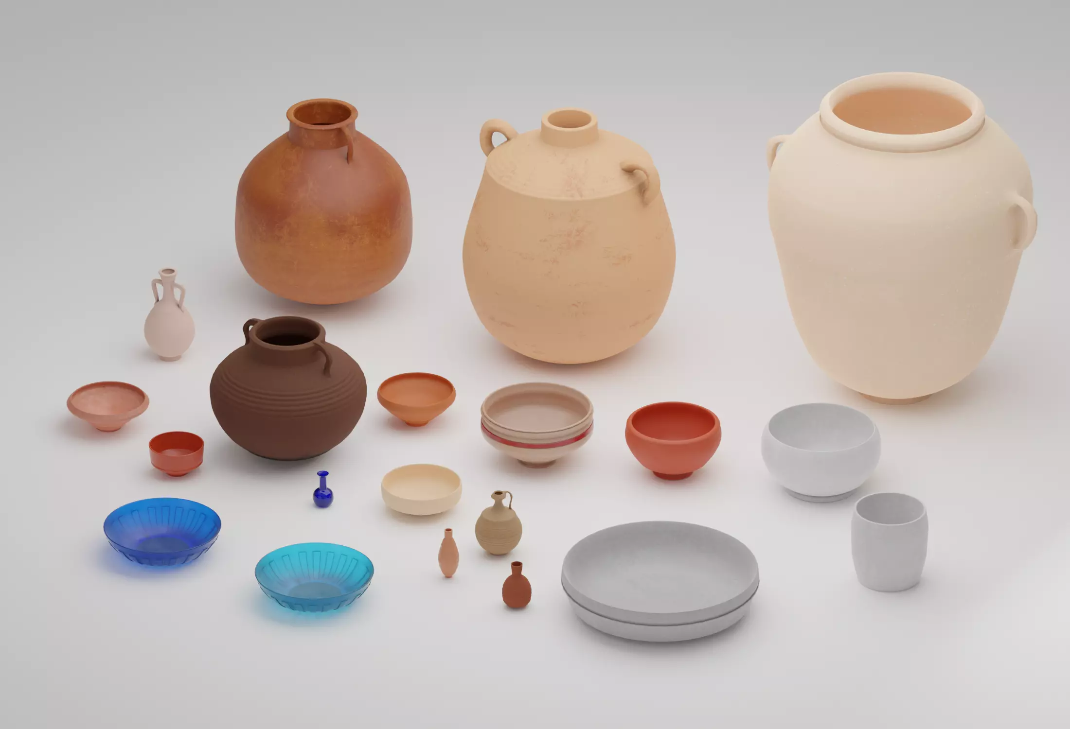 Pottery and glass and stone vessel assemblage Low-poly 3D model