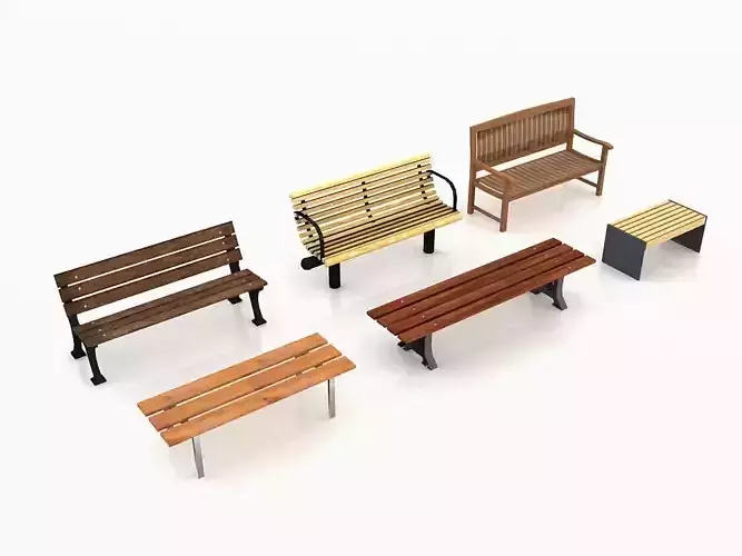 low-poly 3D model benches set of wooden