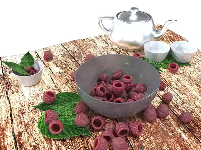Raspberry bowl of raspberries and teapot 3D model
