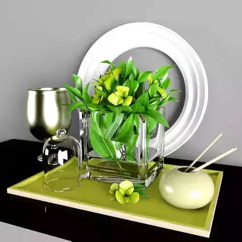 decorative set glass vase with flowers on tray
