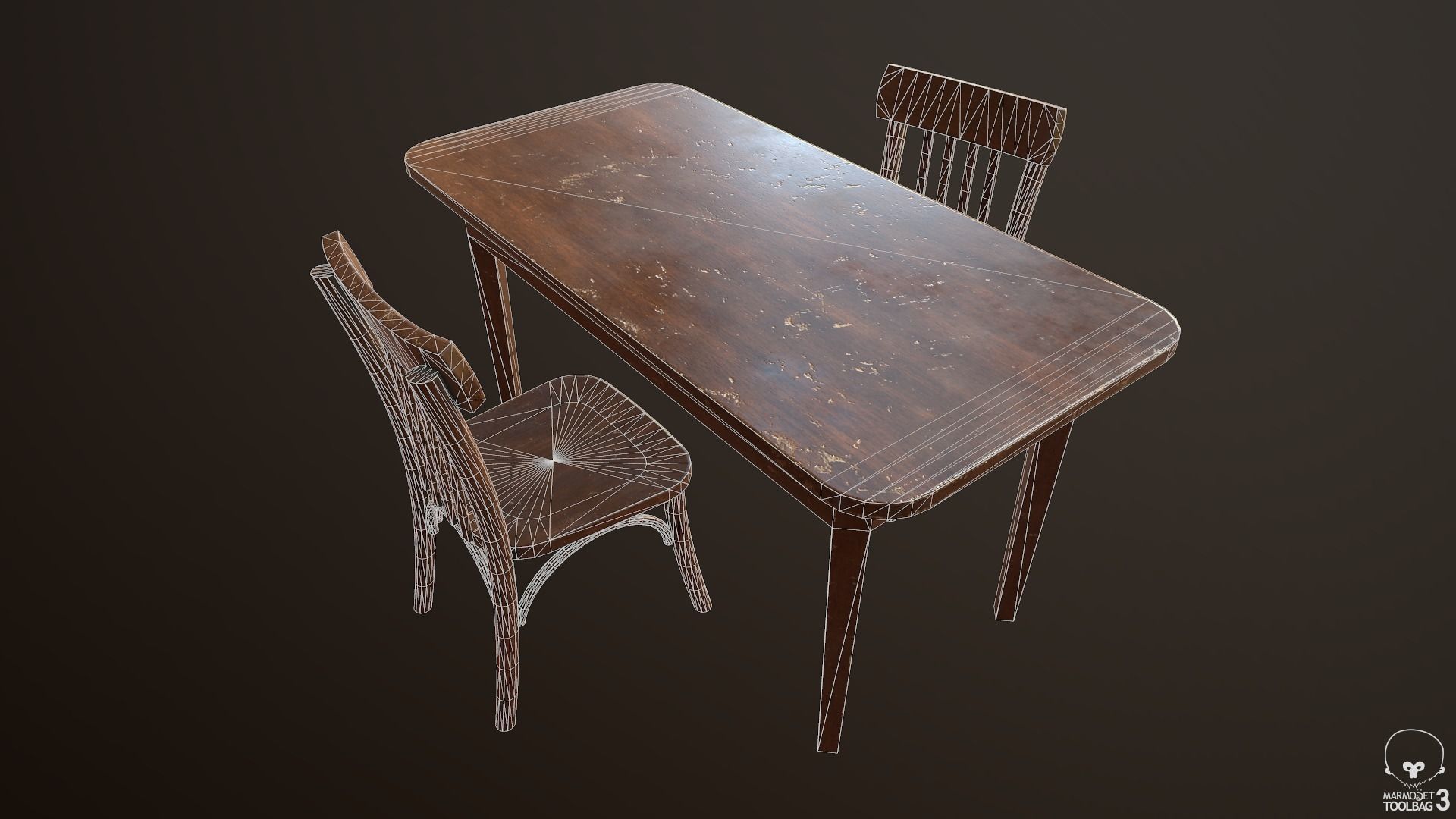 Old Table and Chair Low-poly 3D model_9