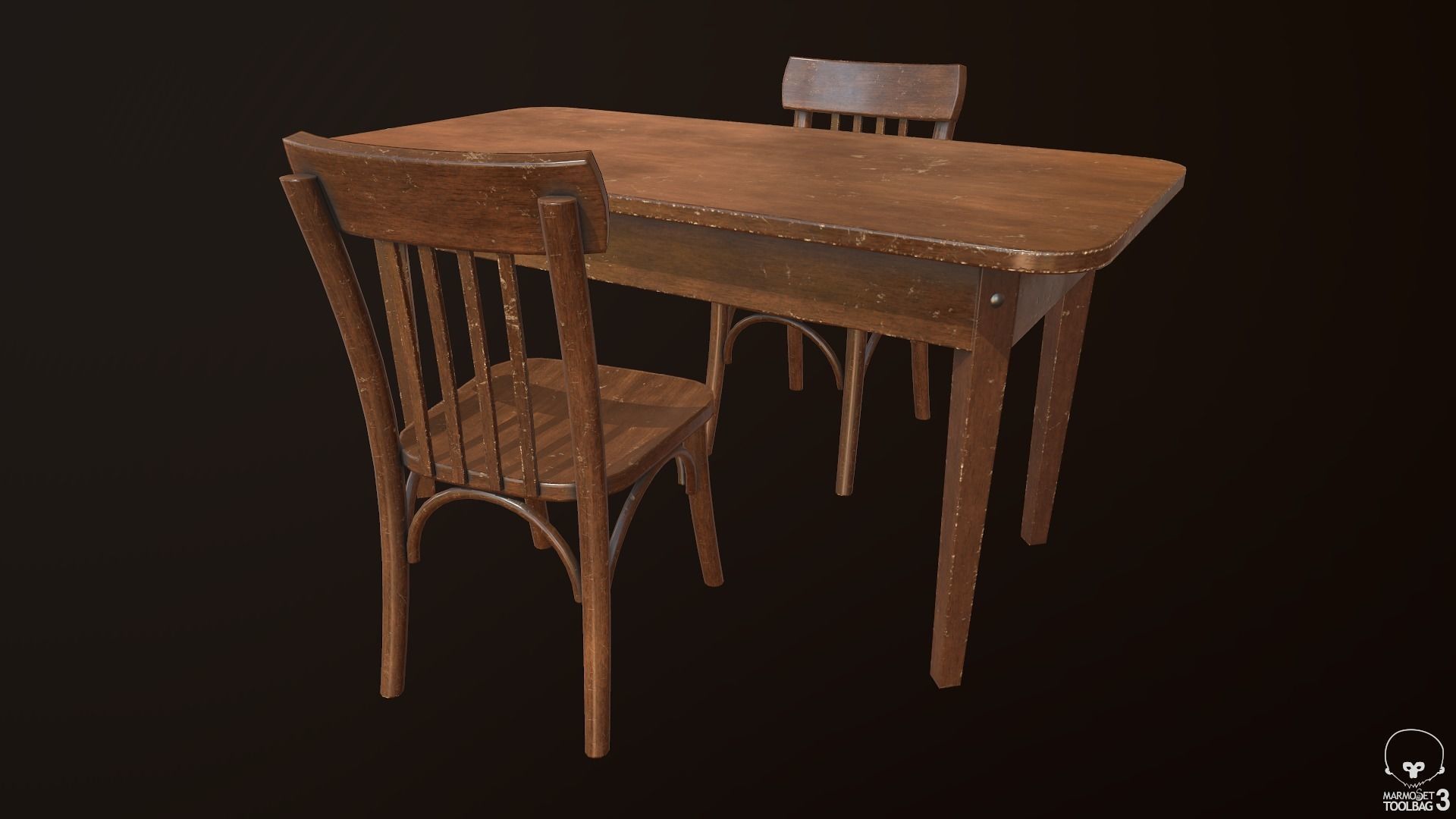 Old Table and Chair Low-poly 3D model_4