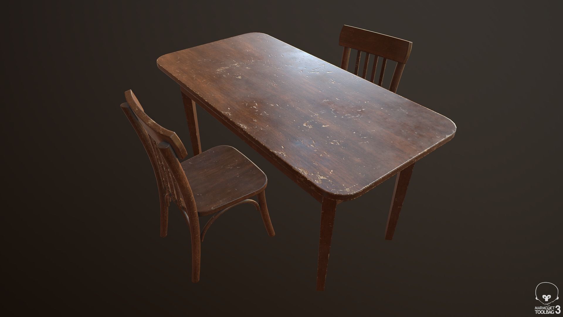 Old Table and Chair Low-poly 3D model_2